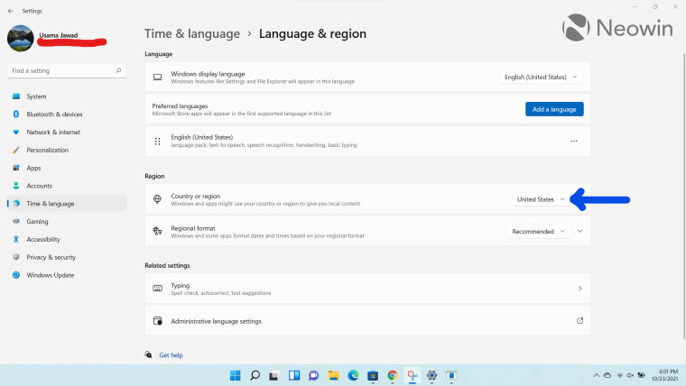 The Language and region settings page in Windows 11