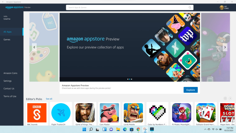 Amazon Appstore running on Windows 11