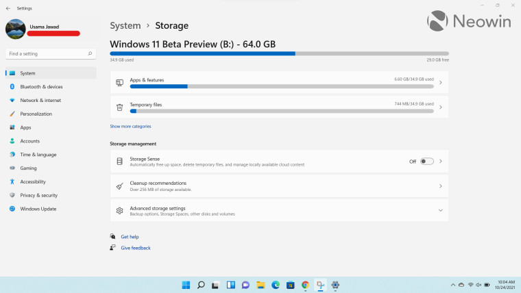 Storage settings in Windows 11