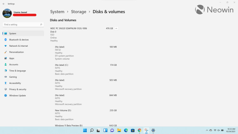 Disks and Volumes information via Storage settings in Windows 11