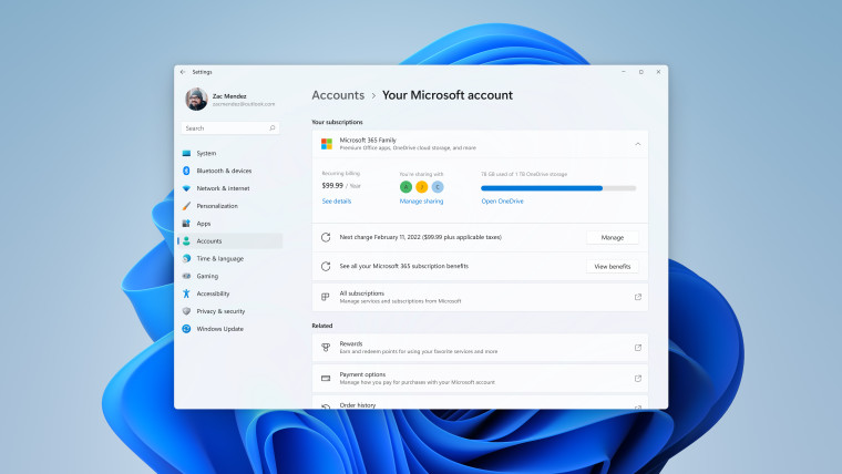 The Your Microsoft account settings page in Windows 11 showing subscriptions and other account info