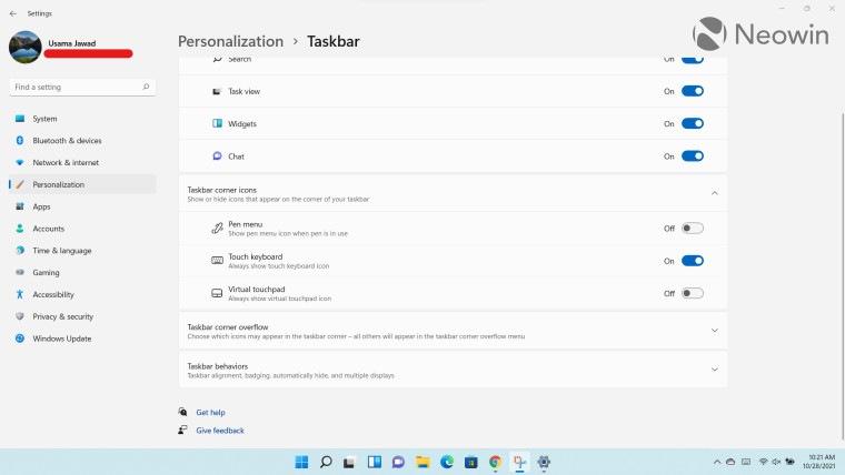 A screenshot of Taskbar settings in Windows 11