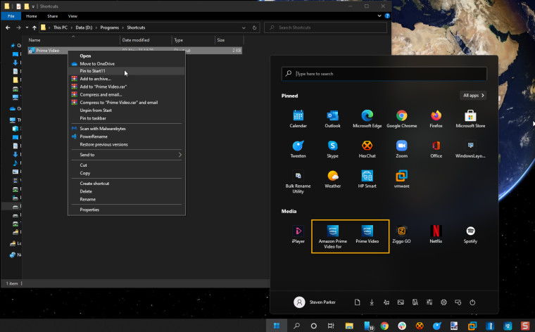 start menu screenshot