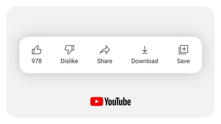 YouTube icons for like dislike share download and save