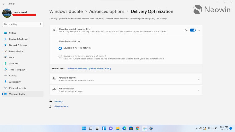 Delivery Optimization settings in Windows 11