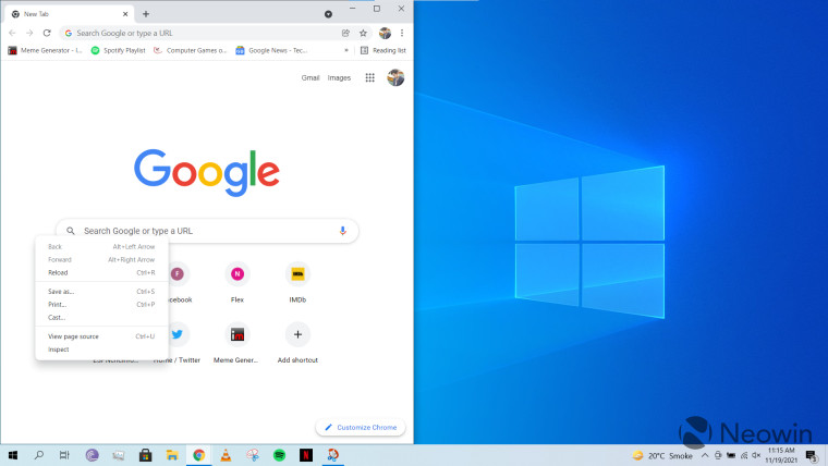 A screenshot of Chrome running with Windows 11 Style Menus on Windows 10