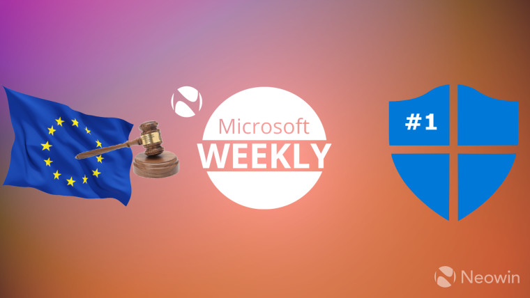 Microsoft Weekly logo in the middle EU flag with gavel on the left Defender logo on the right