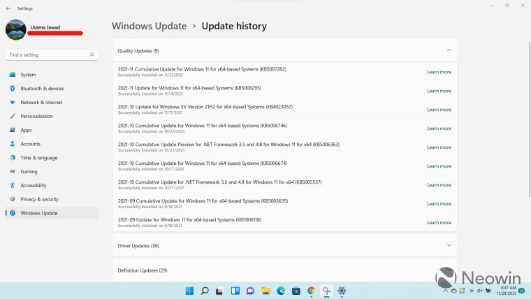 A screenshot of update history in Windows Update on Windows 11