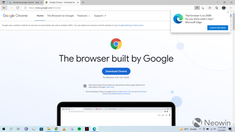 A screenshot of Edge telling users that Chrome is from 2008 but Edge is new