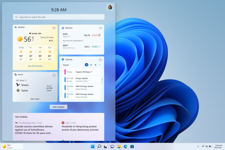 Widgets entry point alongside weather on the left of Taskbar