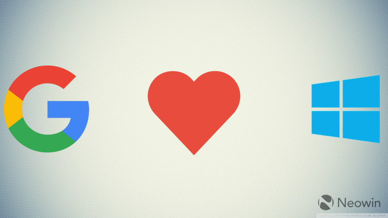 A Google logo on the left and a Windows logo on the right with a heart in the middle