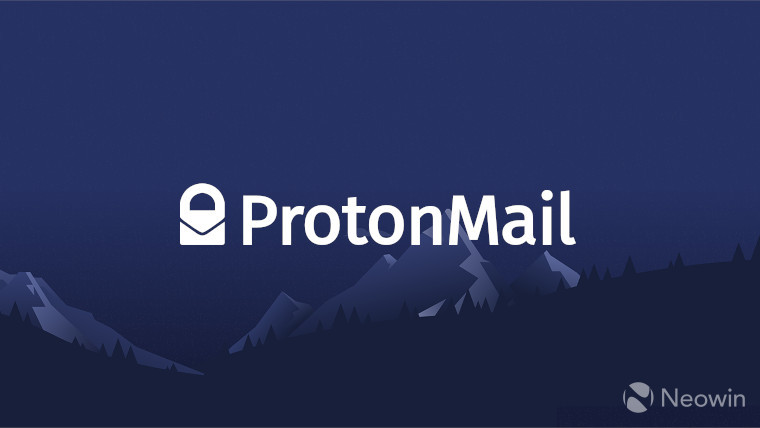 The ProtonMail logo on a mountainous background