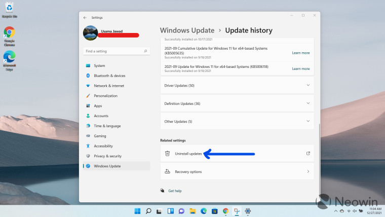 Screenshots showing how to uninstall Windows updates in Windows 11