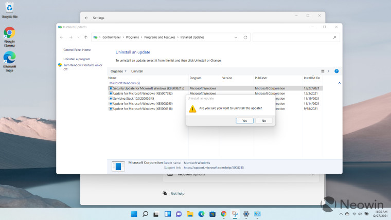 Screenshots showing how to uninstall Windows updates in Windows 11