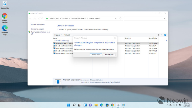 Screenshots showing how to uninstall Windows updates in Windows 11