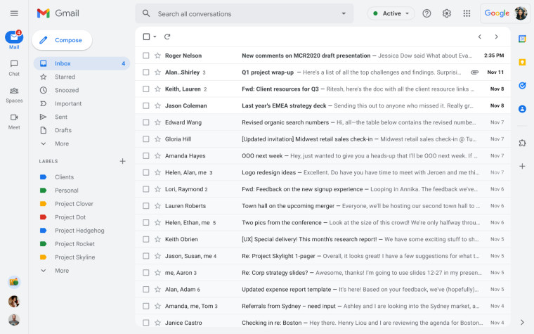 A screenshot of the new UI for Gmail