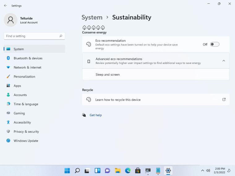 Windows 11 Sustainability setting