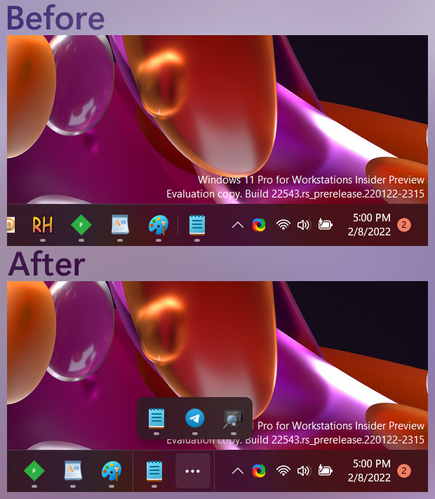 Before After comparison of Windows 11 Taskbar overflow flyout