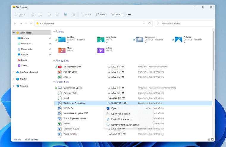 Quick access in File explorer