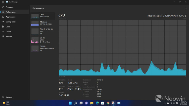 Task Manager running in Windows 11 Dev Channel build 22557