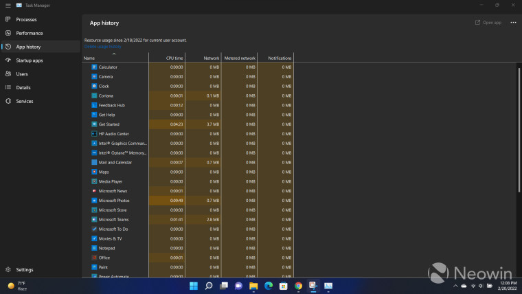 Task Manager running in Windows 11 Dev Channel build 22557