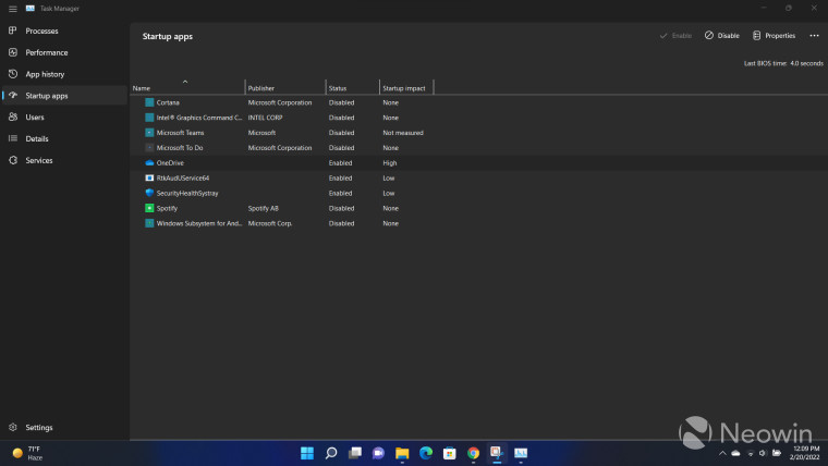 Task Manager running in Windows 11 Dev Channel build 22557