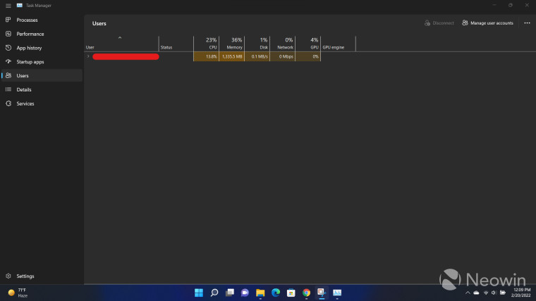 Task Manager running in Windows 11 Dev Channel build 22557