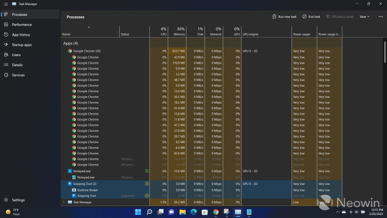 Task Manager running in Windows 11 Dev Channel build 22557