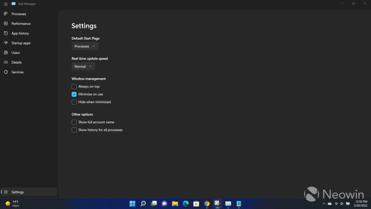 Task Manager running in Windows 11 Dev Channel build 22557