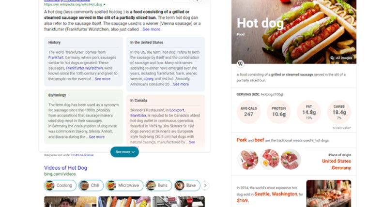 A Bing knowledge card for a hot dog search query