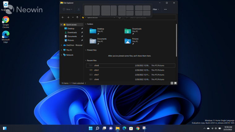 Screenshots of Snap Layouts in Windows 11 Dev Channel build 22557