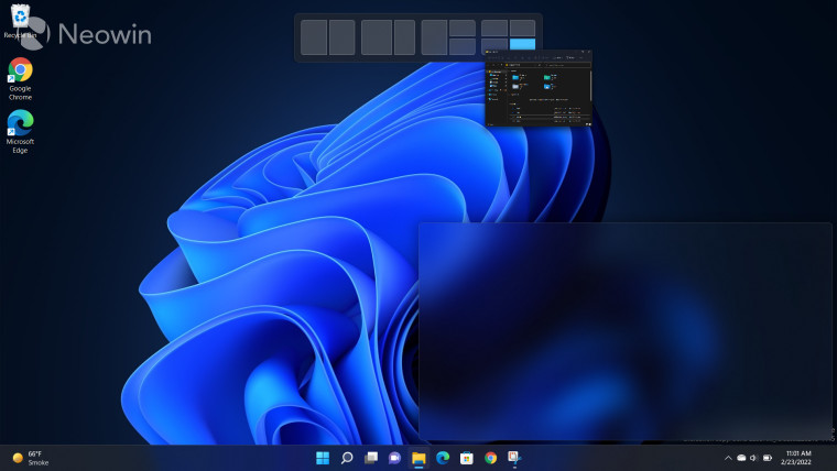 Screenshots of Snap Layouts in Windows 11 Dev Channel build 22557