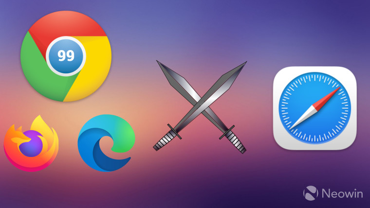 Chrome 99 Edge and Firefox logos on one side with Safari logo on the other and crossed swords in the