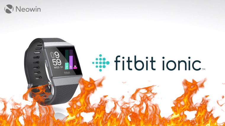 Fitbit Ionic on white background with flames at the bottom