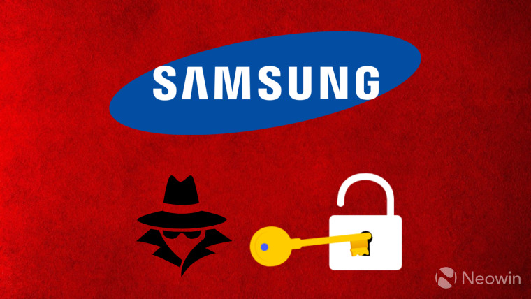 Red background with logos of Samsung hacker key and lock