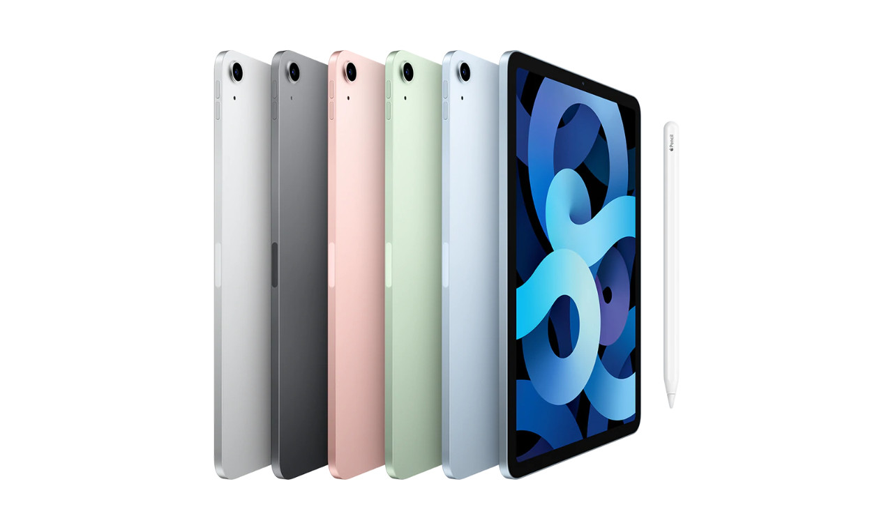 iPad Air 4 in all five colors next to Apple Pencil