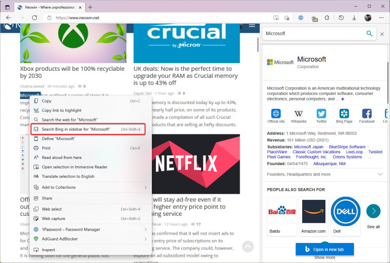 An example of search in a sidebar in Microsoft Edge