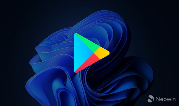 Google Play Store logo with the stock Windows 11 wallpaper in the background