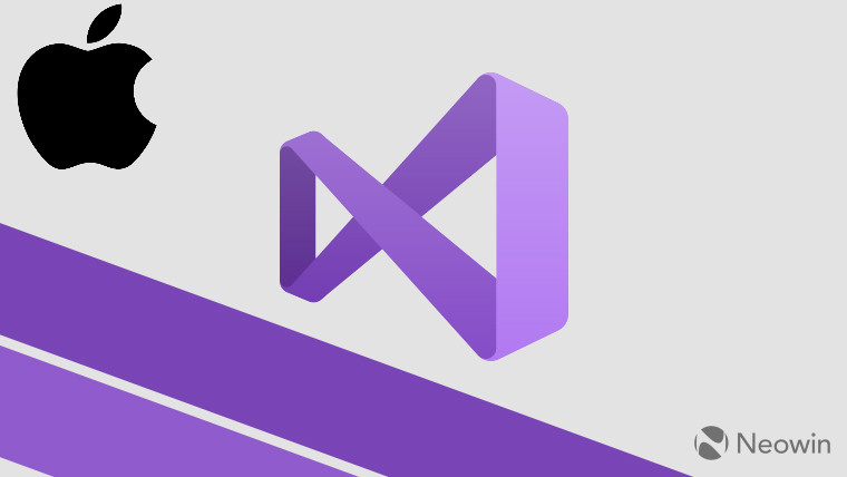 Visual Studio logo on a light background with Apple logo on the top left corner