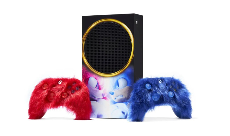 The custom Xbox Series S with a pair of two fluffy gamepads