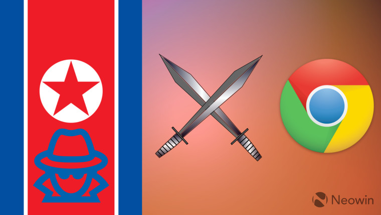 North Korea flag with hacker icon against Chrome logo with crossed swords in the center