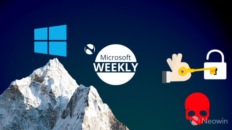 Microsoft Weekly logo on a dark background with Windows logo on mountaintop on left and a skull open