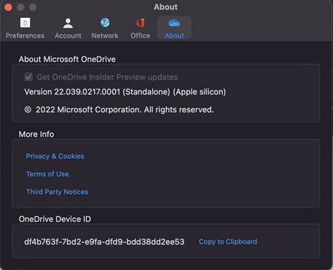 The About window displaying information about the Apple Silicon-optimized OneDrive client on macOS