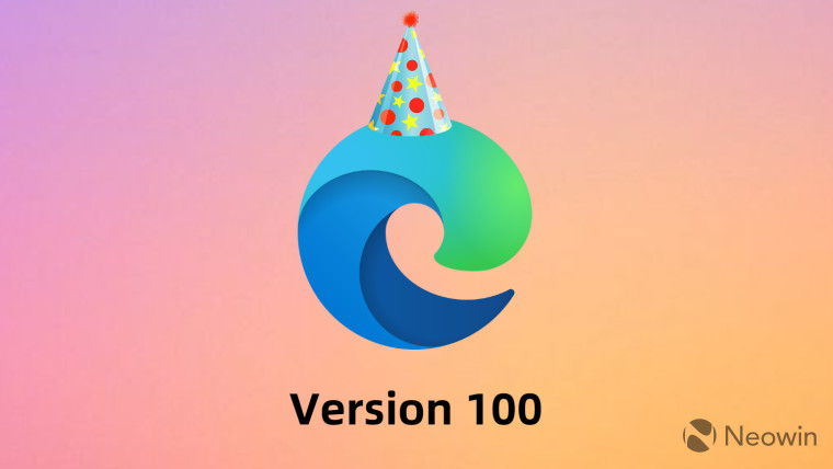 Logo of Microsoft Edge with a party hat in a colorful background with version 100 written at the bot