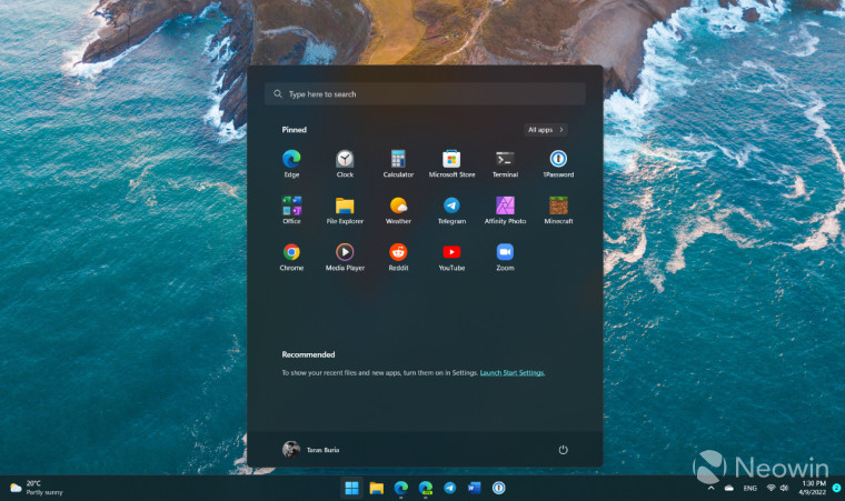 The Start menu in Windows 11 22H2