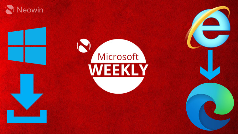 Red background with Microsoft Weekly Edge IE Windows and download icon