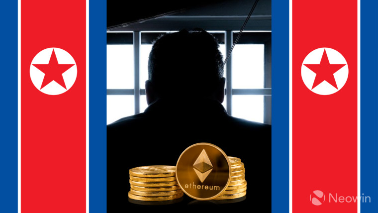 A silhouette in front a prison window with North Korea flags on either side and Ethereum coins in th