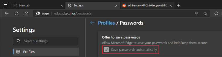 The option to enable password auto-save in Edge Canary