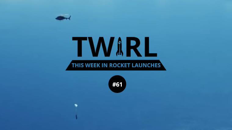 The TWIRL logo in front of a helicopter catching a rocket part