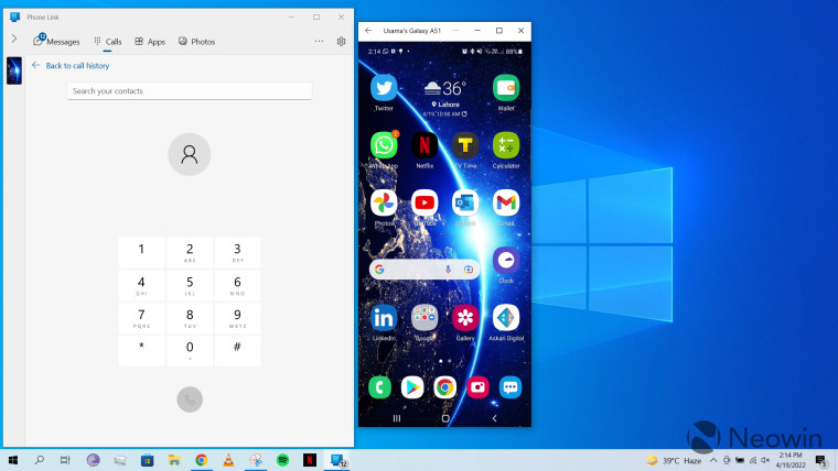 Screenshots of Phone Link running on a Windows 10 PC